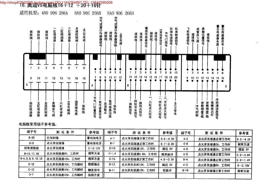 奥迪V6电脑板16+12+20+16针 端子图