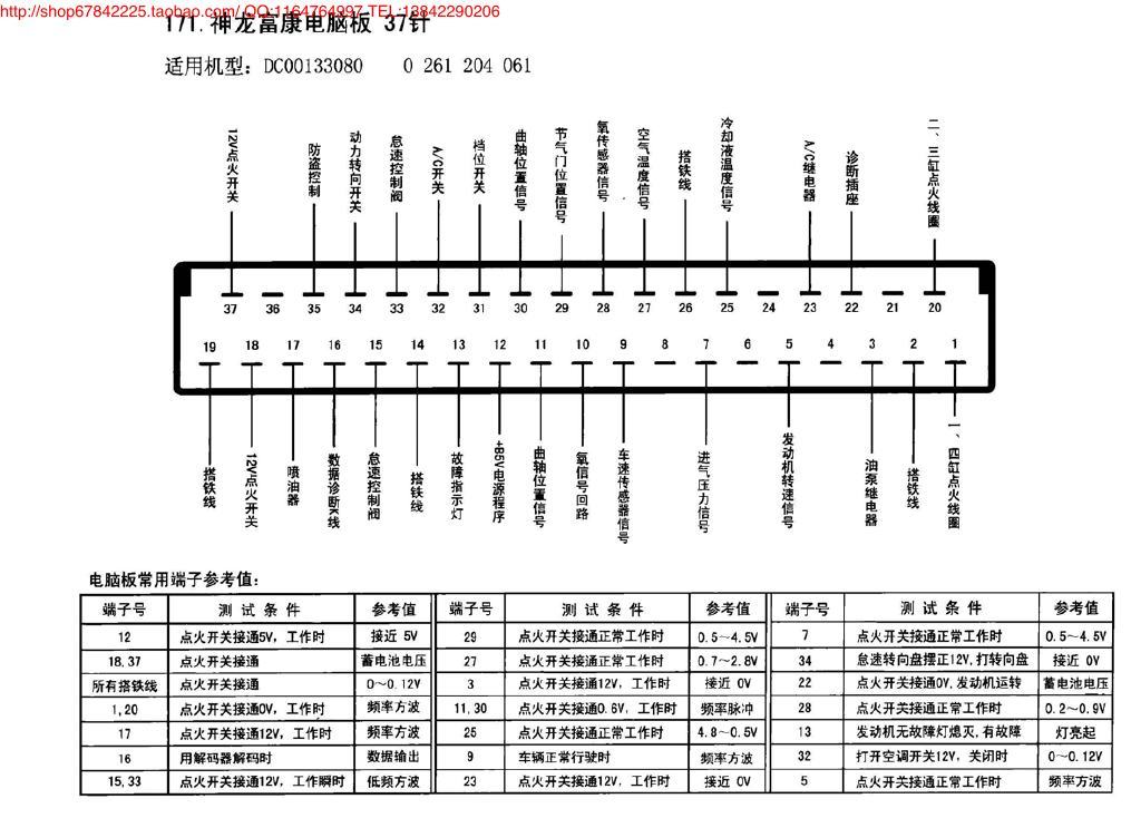 神龙富康电脑板37针 端子图