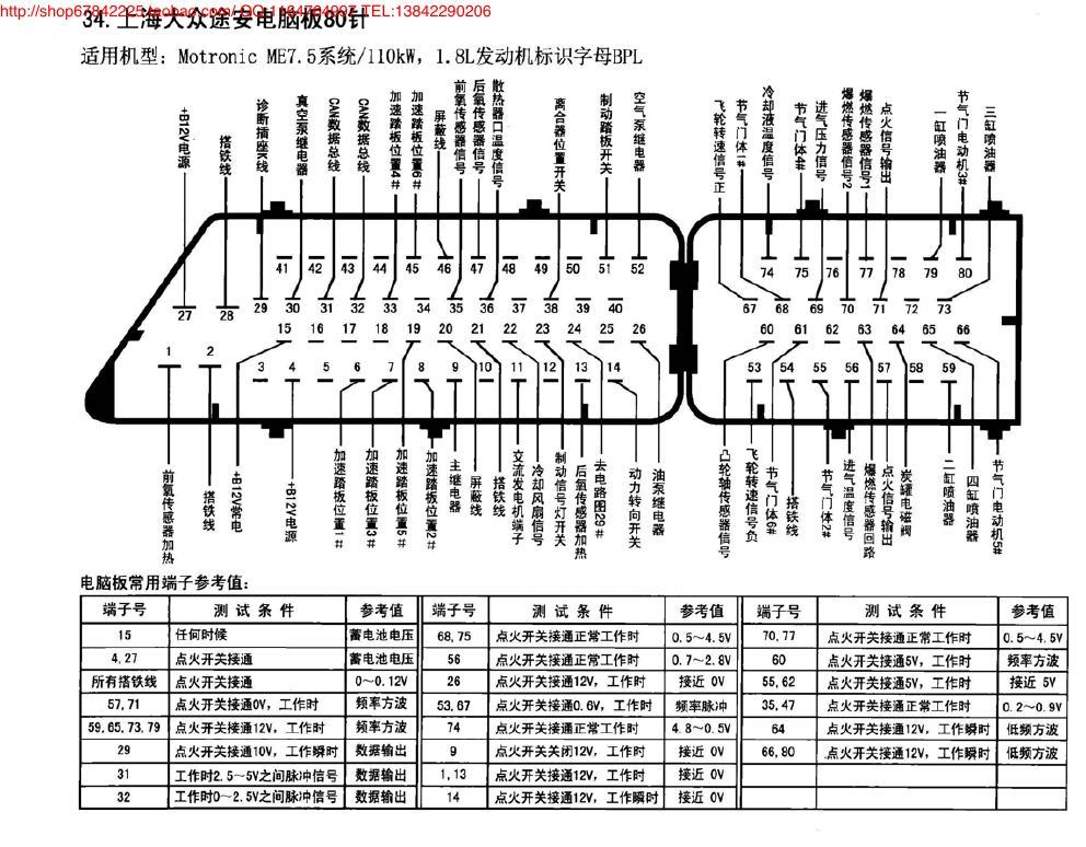 上海大众途安电脑板80针 端子图