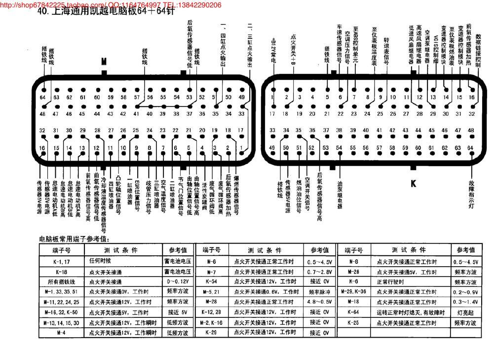 上海通用凯越电脑板64+64针 端子图