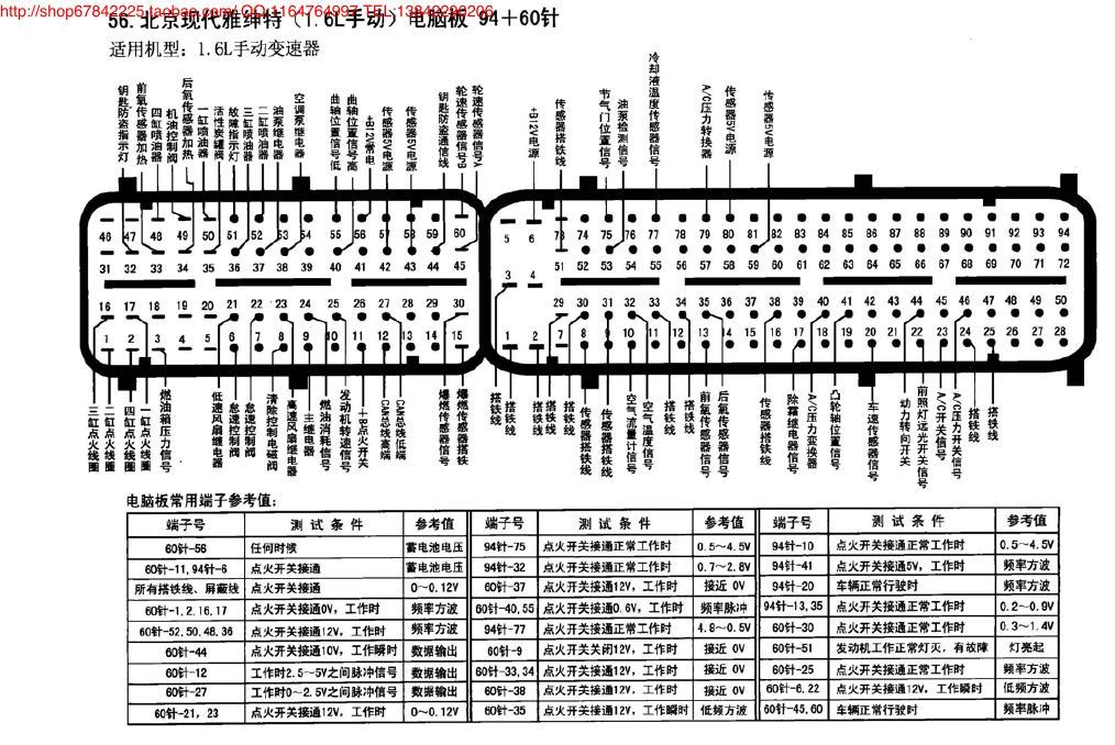 北京现代雅绅特(1.6L手动)电脑板94+60针 端子图
