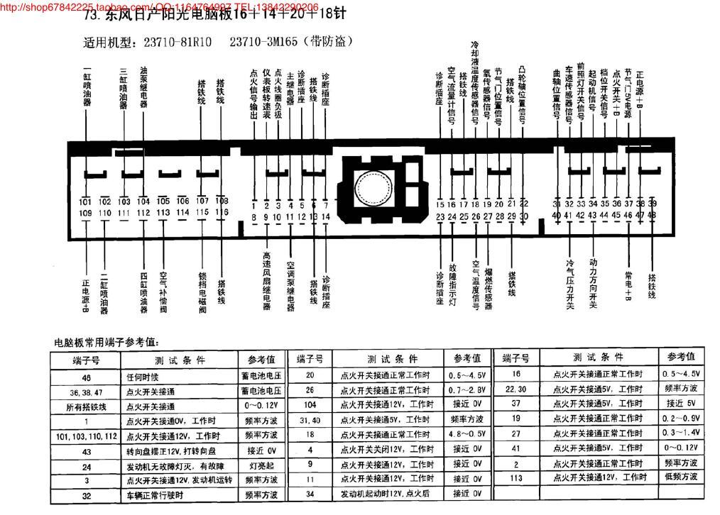 东风日产阳光电脑板16+14+20+18针 端子图