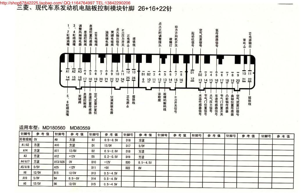 MK_三菱、现代车系发动机电脑板控制模块针脚26+16+22针 5 端子图