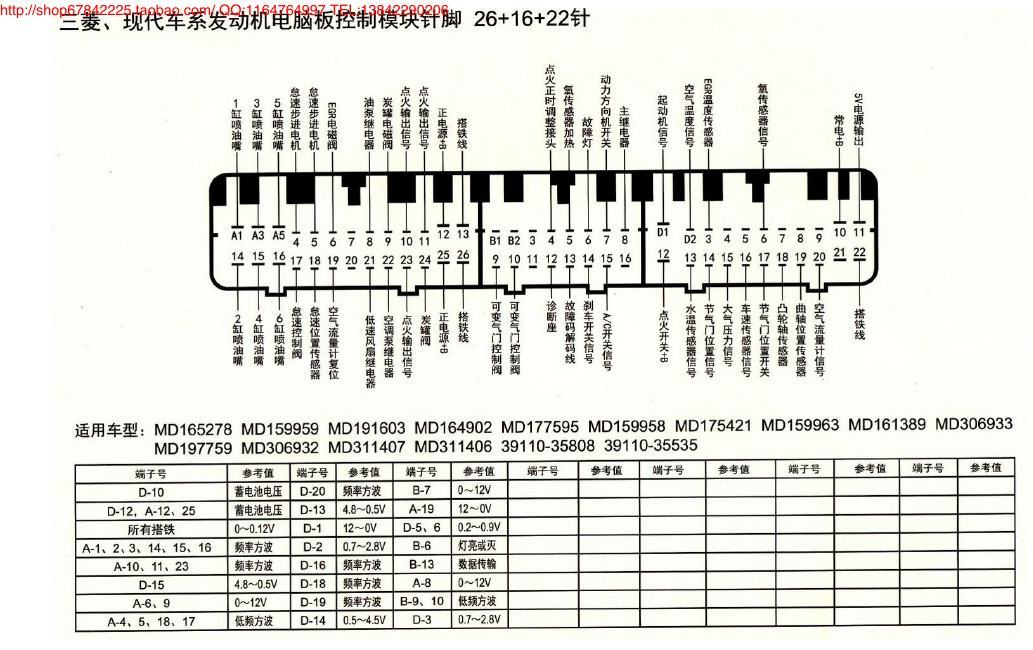 MK_三菱、现代车系发动机电脑板控制模块针脚26+16+22针 6 端子图