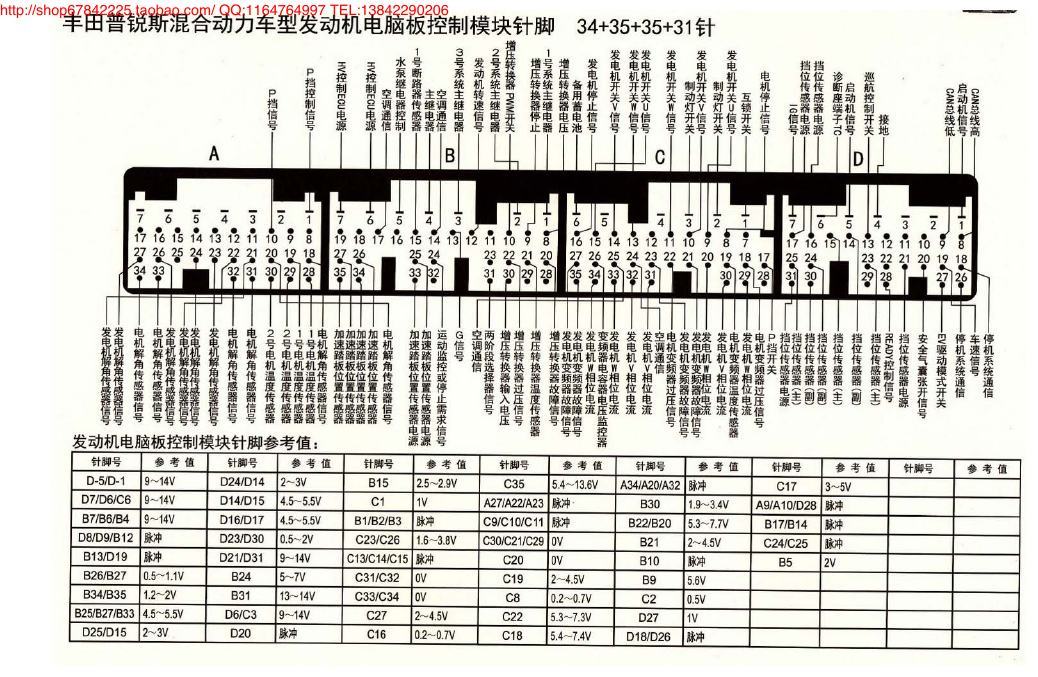 MK_丰田普瑞斯混合动力车型发动机电脑版控制模块针脚34+35+35+31针 端子图