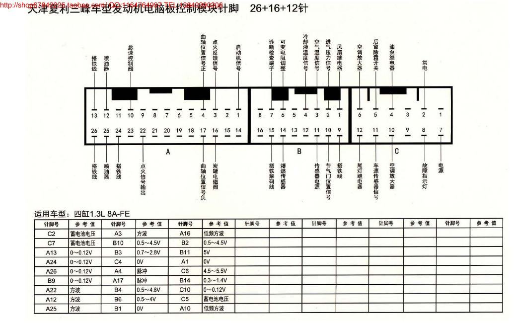 MK_天津夏利三峰车型发动机电脑板控制模块阵脚26+16+12针 端子图