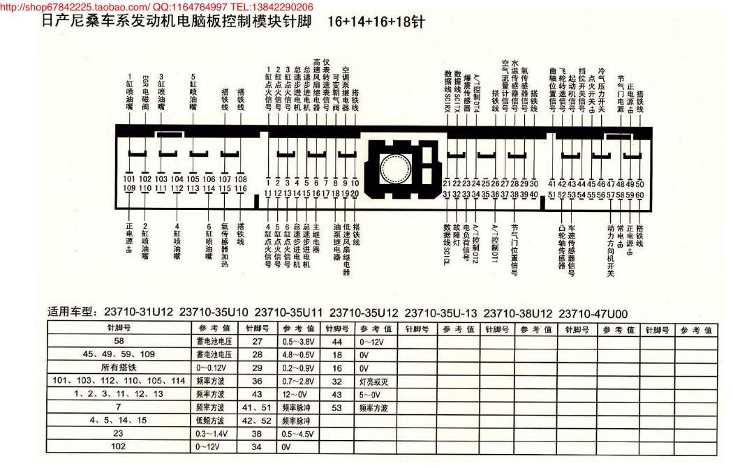 MK_日产尼桑车型发动机电脑板控制模块针脚16+14+16+18针6 端子图