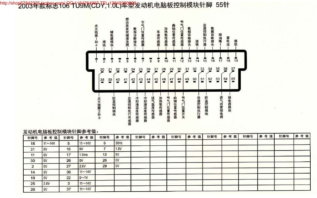 MK_标致106 TU9M(CDY 1.0L)车型发动机电脑板控制模块针脚55针 端子图