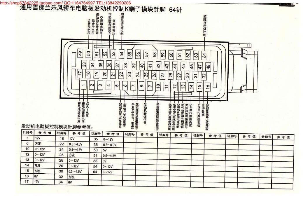 MK_雪佛兰乐风轿车电脑板发动机控制K端子模块针脚64针 端子图