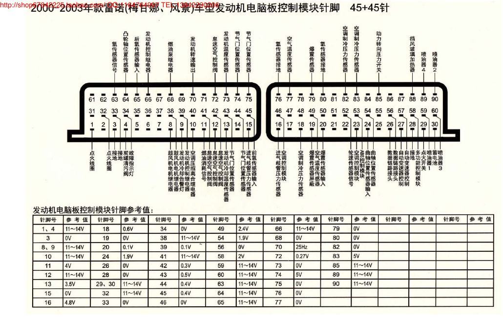 MK_雷诺(梅甘娜 风景)车型发动机电脑板控制模块针脚45+45针 端子图
