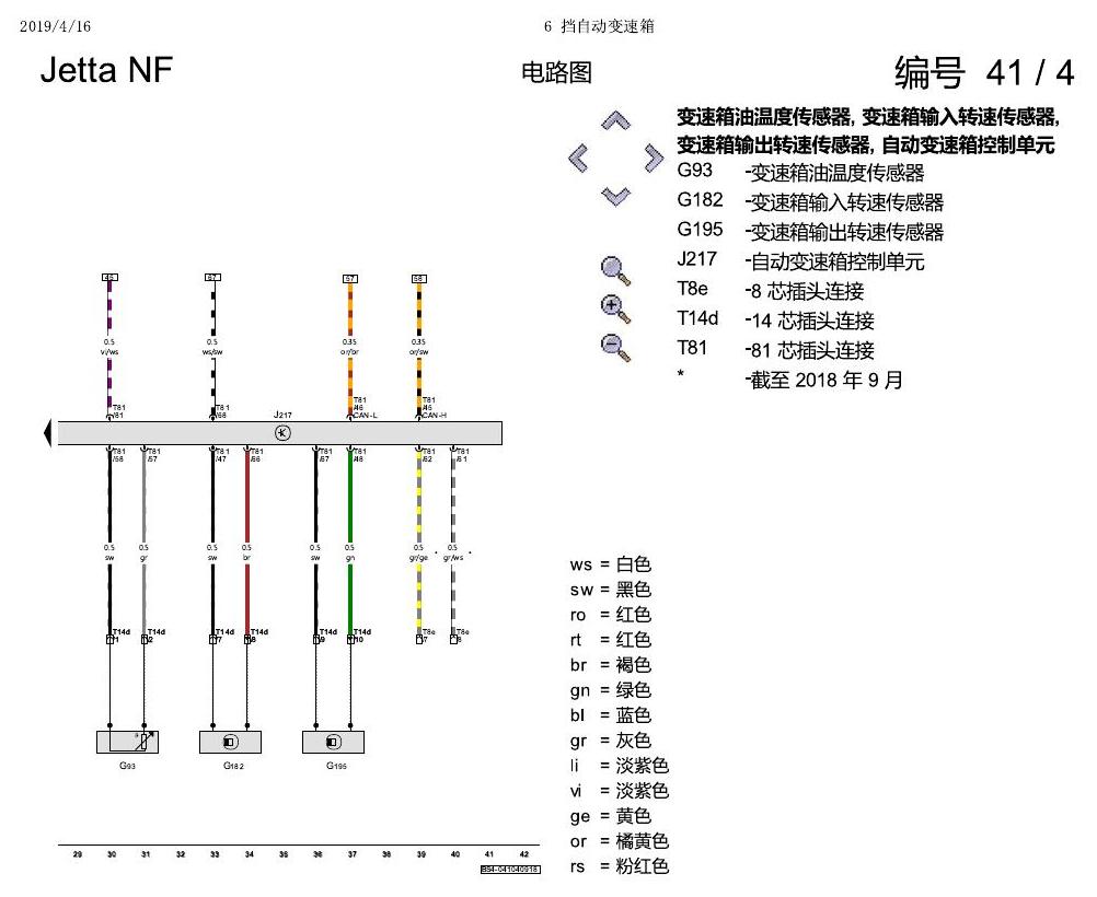 一汽大众17捷达1.5 6 挡自动变速箱 电路图