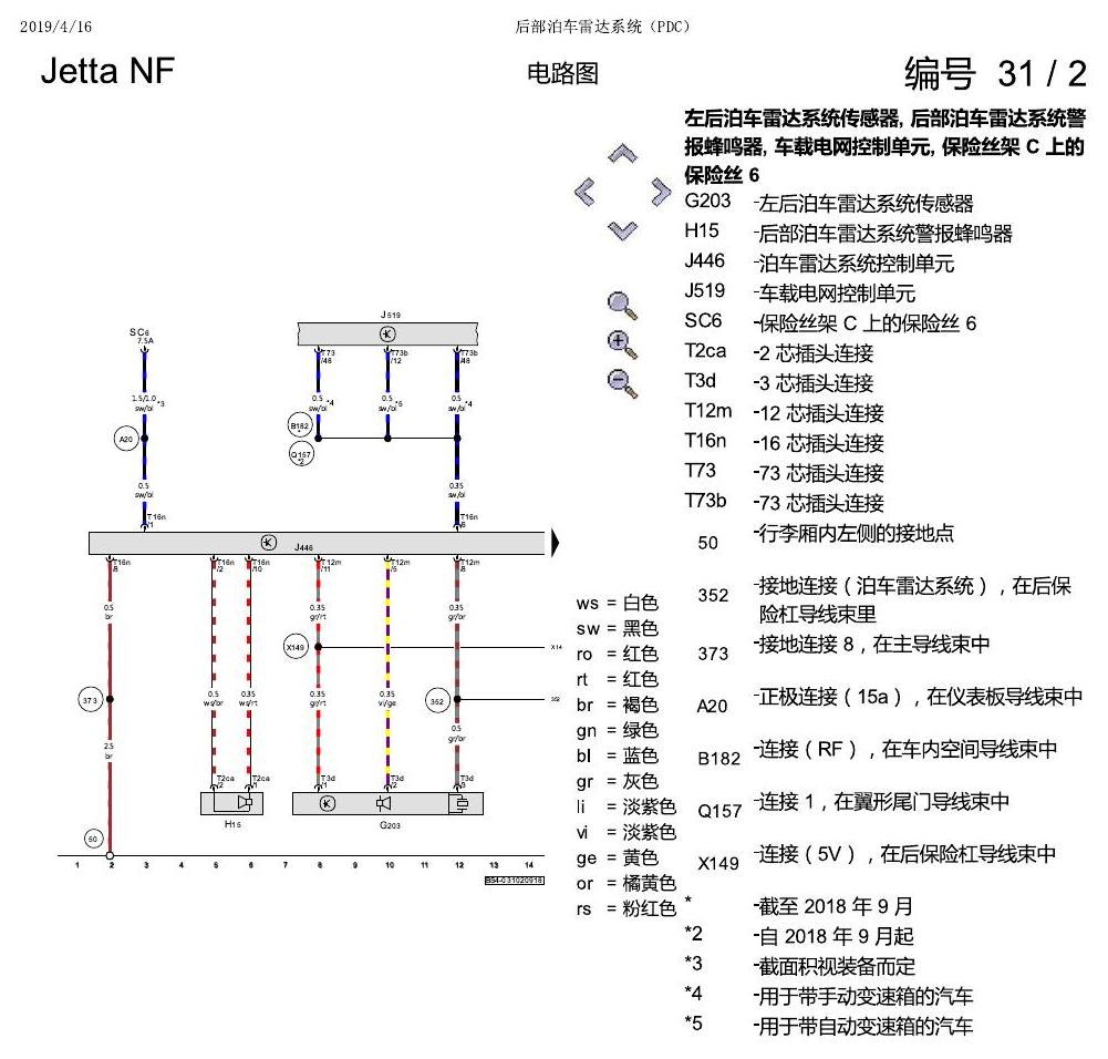 一汽大众17捷达1.5 后部泊车雷达系统(PDC) 电路图