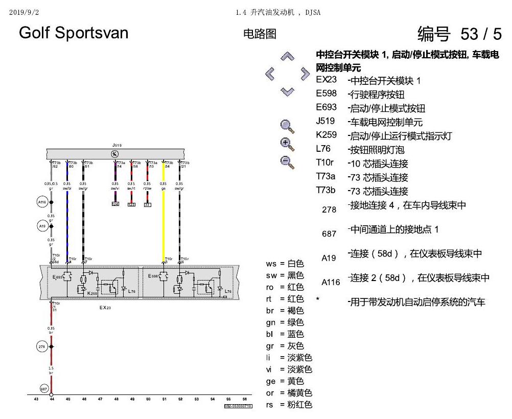 一汽大众19款高尔夫嘉旅 电路图 1.4 升汽油发动机 , DJSA 电路图