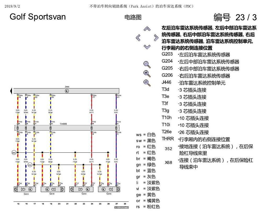 一汽大众19款高尔夫嘉旅 电路图 不带泊车转向辅助系统(Park Assist)的泊车雷达系统(PDC) 电路图