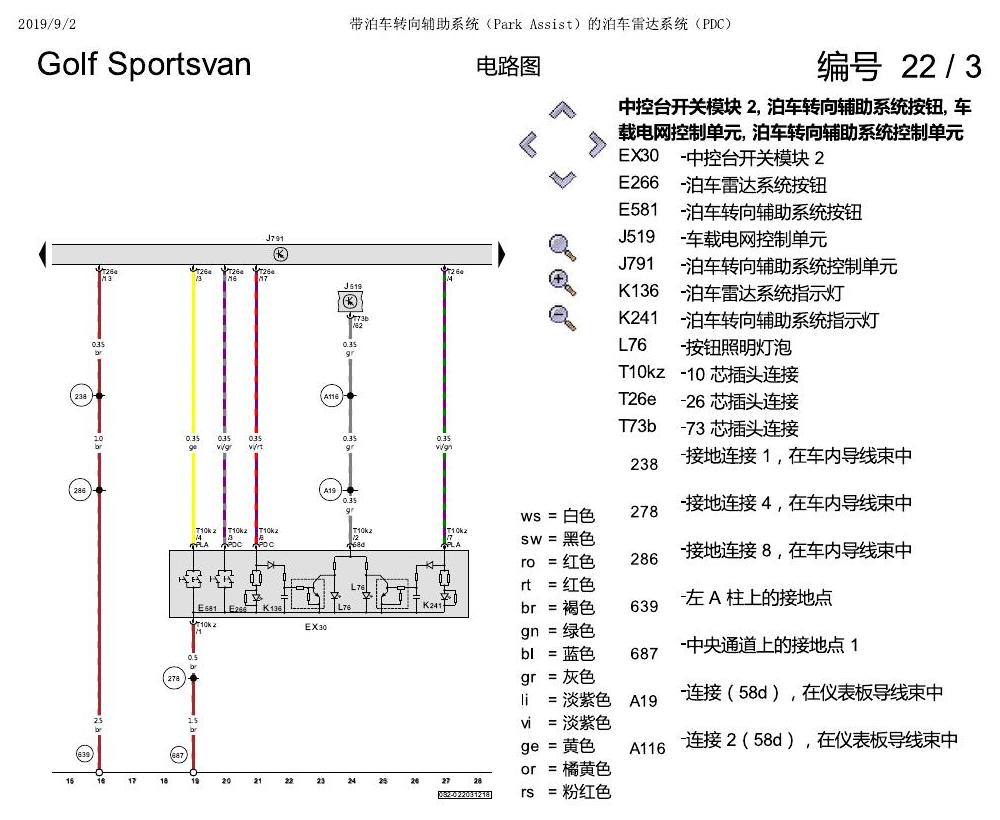 一汽大众19款高尔夫嘉旅 电路图 带泊车转向辅助系统(Park Assist)的泊车雷达系统(PDC) 电路图