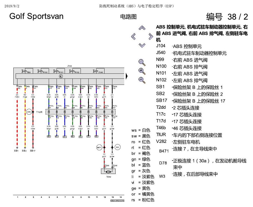 一汽大众19款高尔夫嘉旅 电路图 防抱死制动系统(ABS)与电子稳定程序(ESP) 电路图