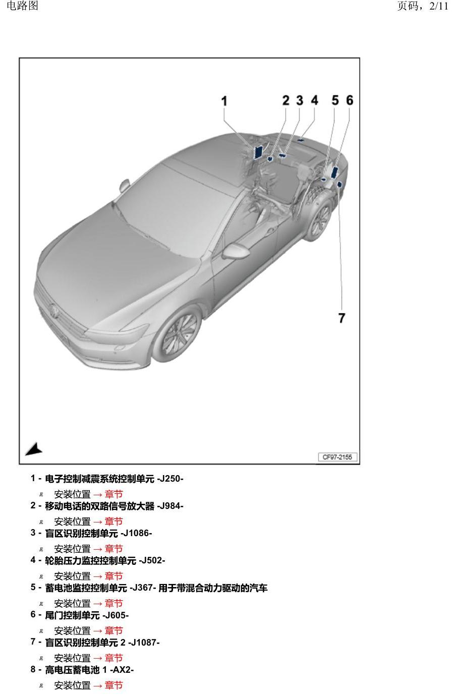 一汽大众2020 迈腾B8 安装位置 后部控制单元概览 电路图