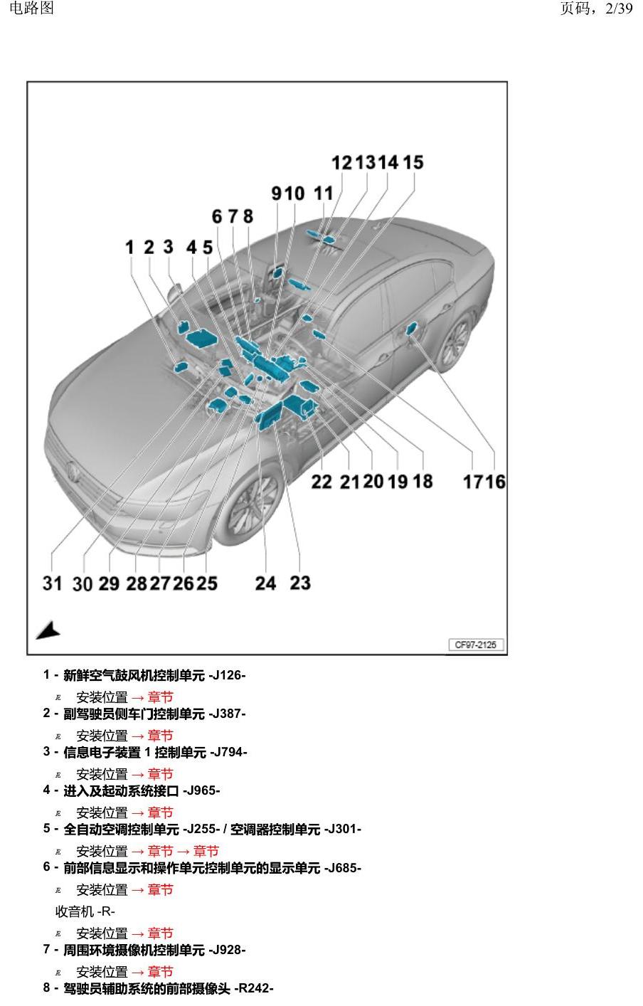 一汽大众2020 迈腾B8 安装位置 汽车中部的控制单元 电路图