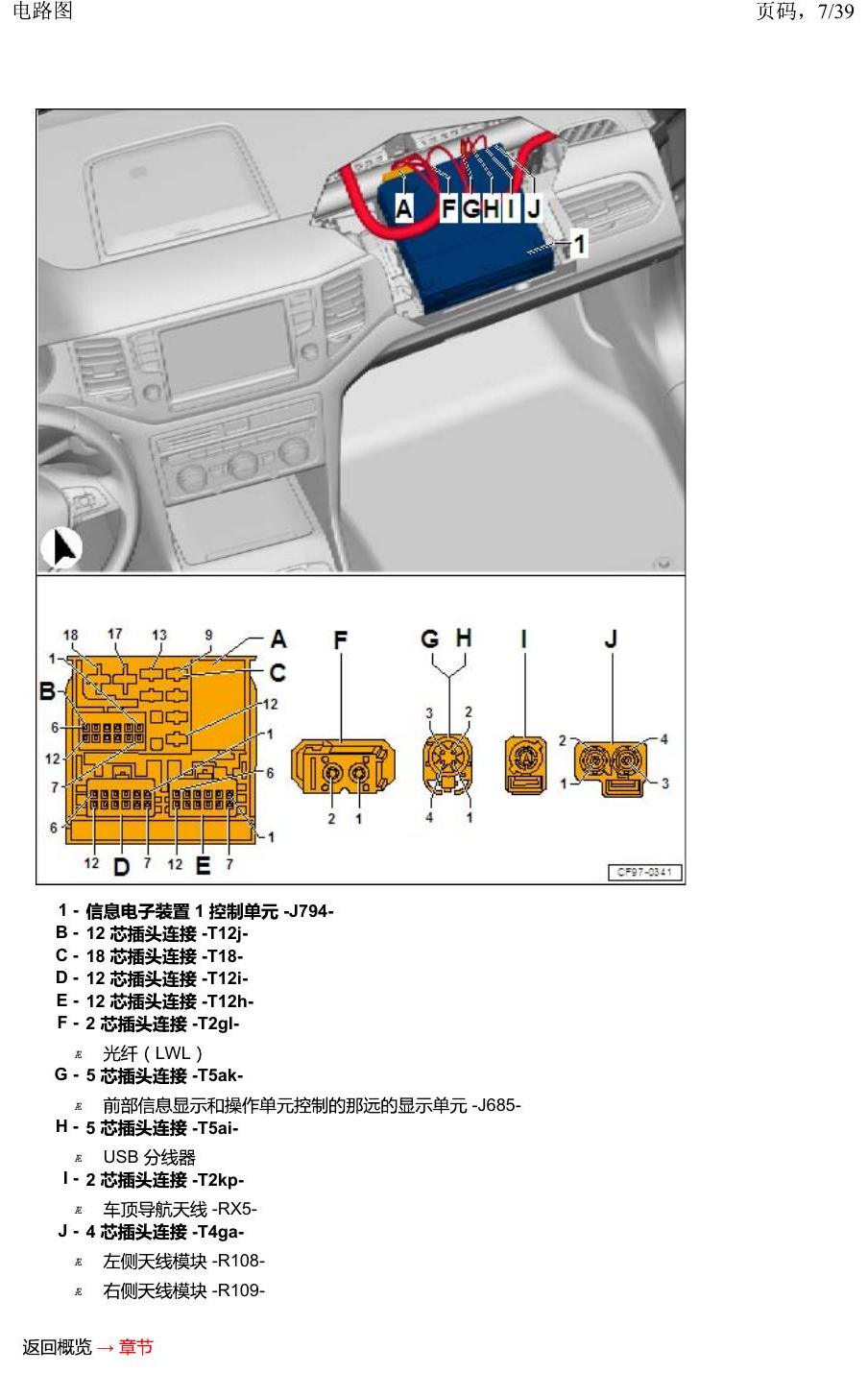 一汽大众2020 迈腾B8 安装位置 汽车中部的控制单元 电路图