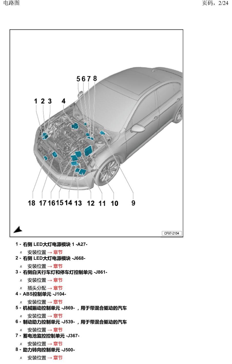 一汽大众2020 迈腾B8 安装位置 汽车前部分中的控制单元 电路图