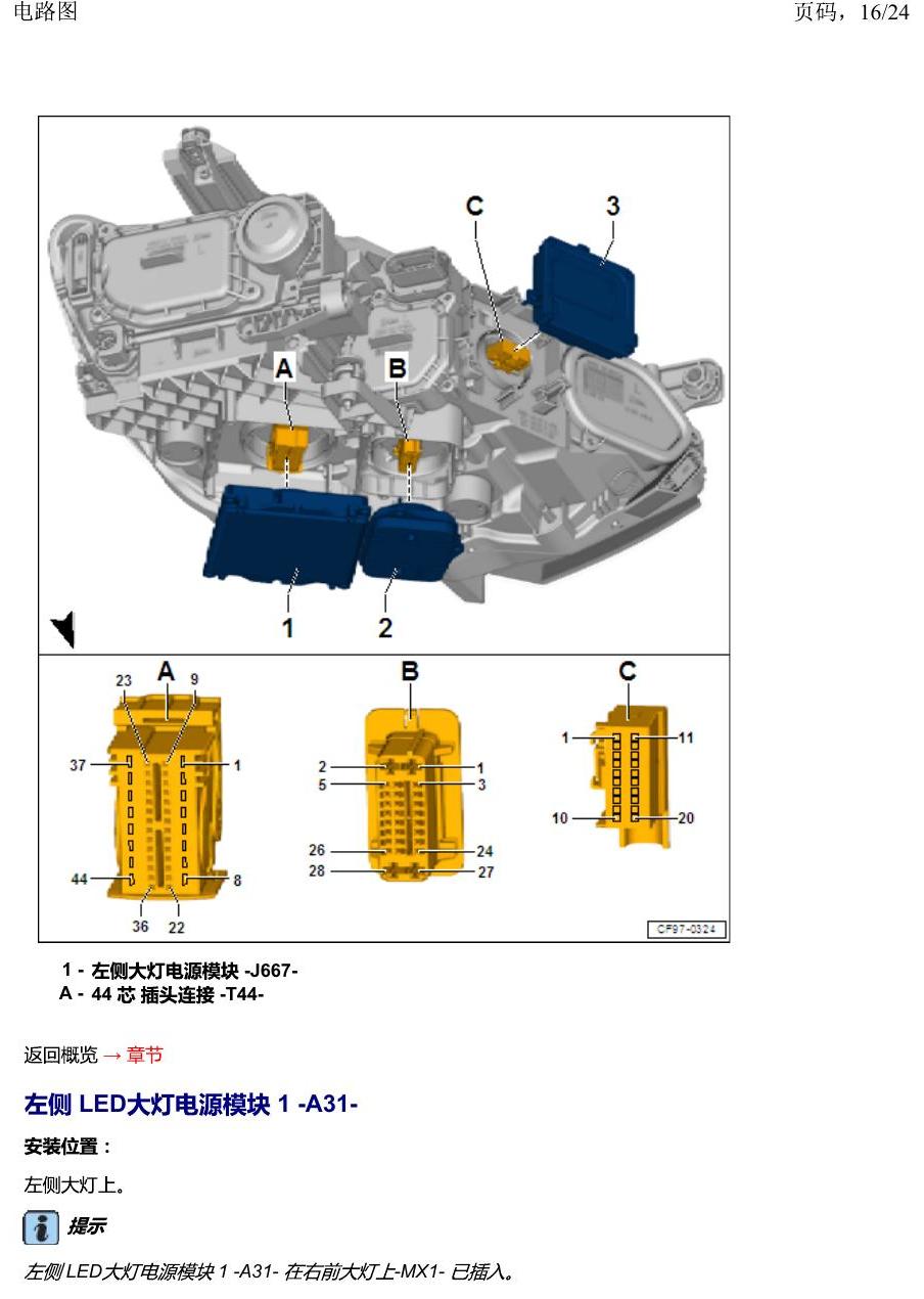 一汽大众2020 迈腾B8 安装位置 汽车前部分中的控制单元 电路图