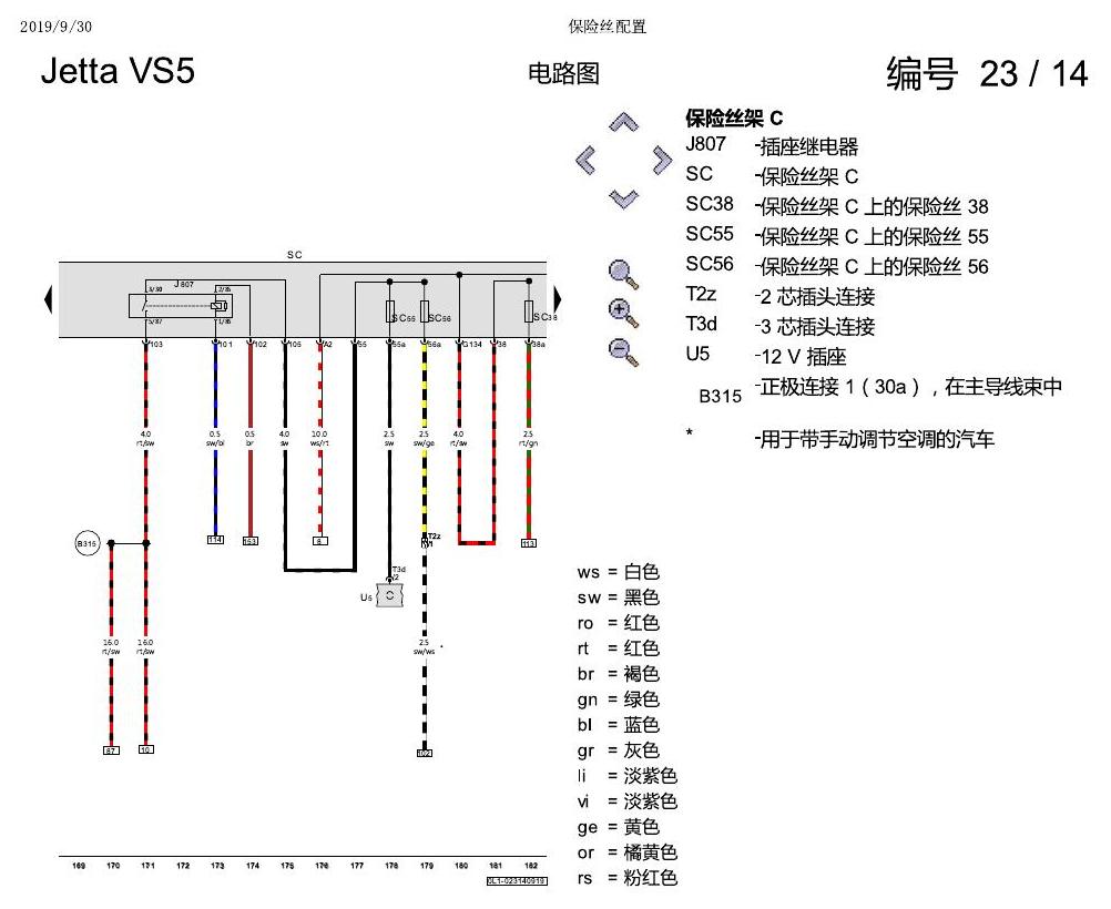 一汽大众3321 Jetta VS5 电路图 保险丝配置 电路图