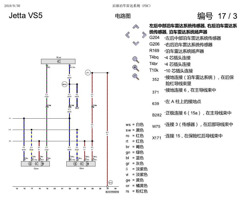 一汽大众3321 Jetta VS5 电路图 后部泊车雷达系统(PDC) 电路图
