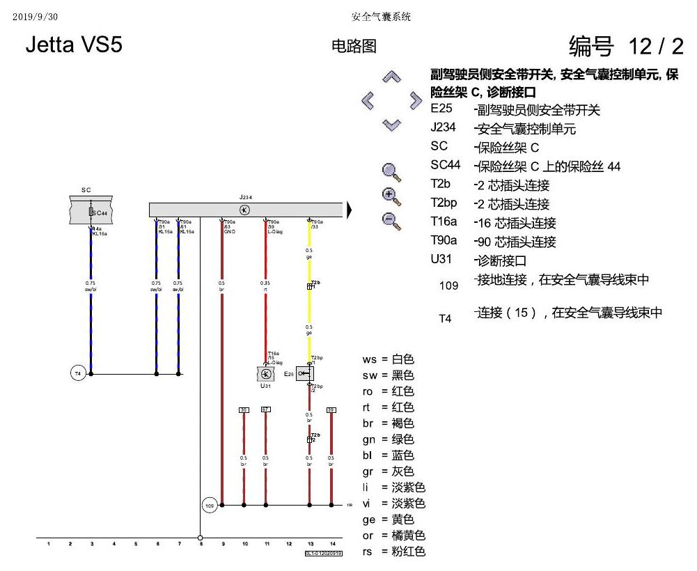 一汽大众3321 Jetta VS5 电路图 安全气囊系统 电路图