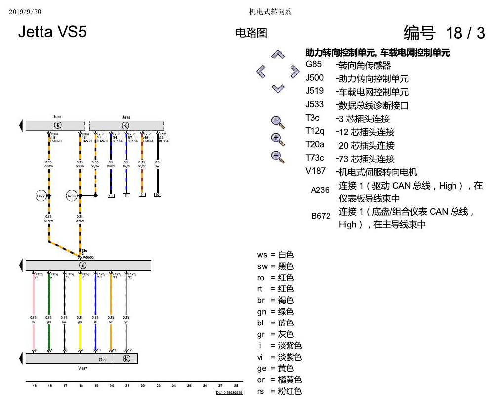 一汽大众3321 Jetta VS5 电路图 机电式转向系 电路图