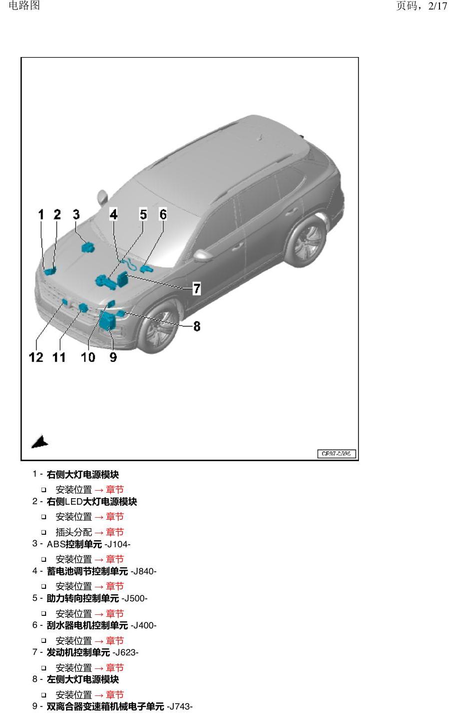 一汽大众3321 探岳 汽车前部的控制单元 电路图