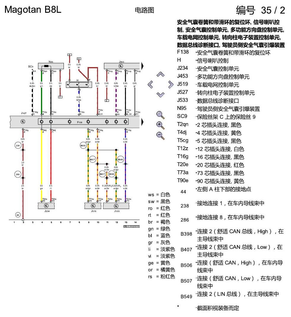 一汽大众3321 迈腾 B8 多功能方向盘 电路图
