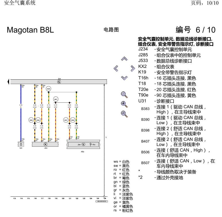 一汽大众3321 迈腾 B8 安全气囊系统 电路图