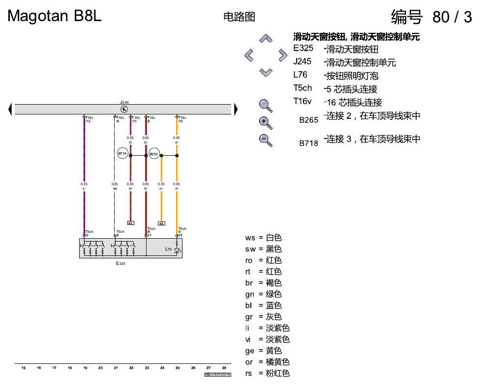 一汽大众3321 迈腾 B8 滑动天窗 3FJ 电路图
