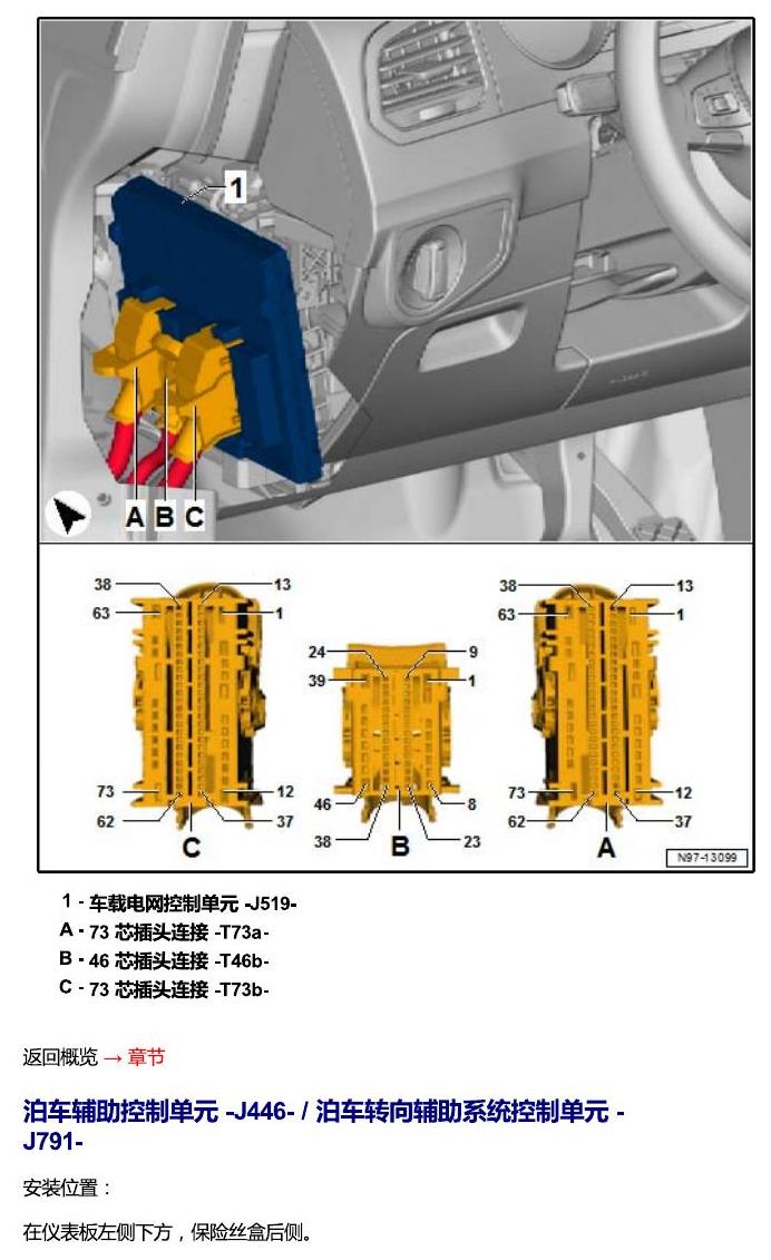 一汽大众CC MQB 安装位置 汽车中部的控制单元 电路图