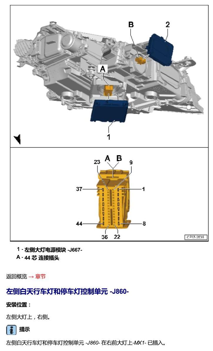 一汽大众CC MQB 安装位置 汽车前部的控制单元 电路图