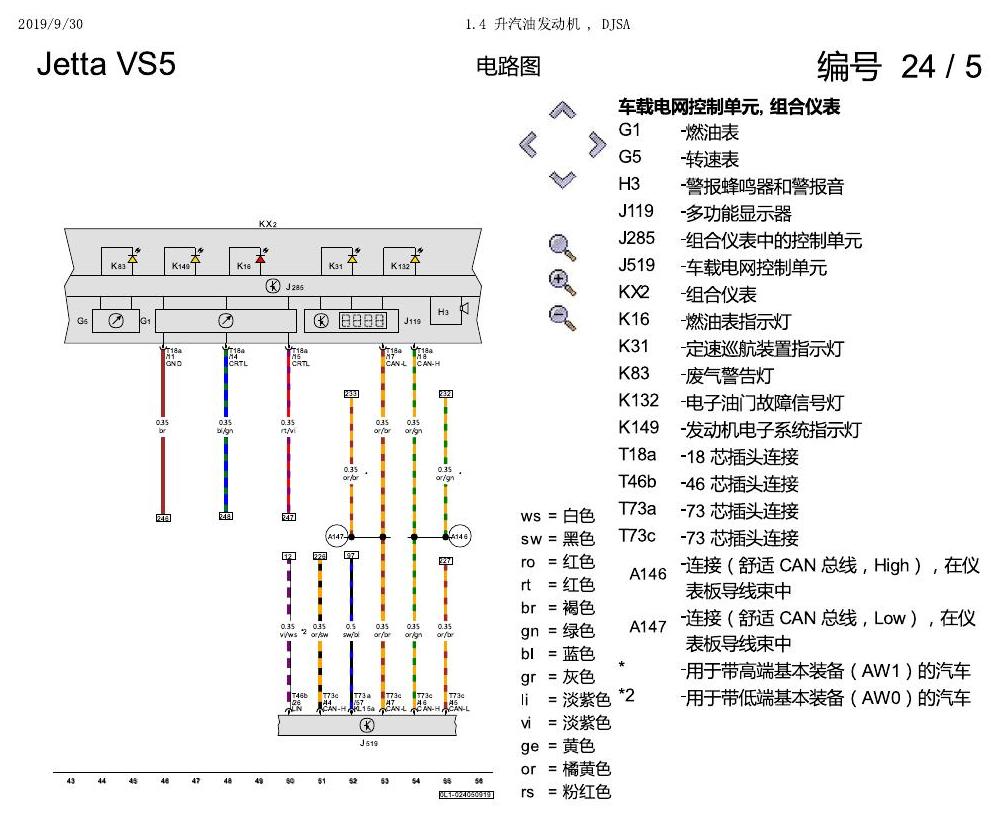 一汽大众Jetta VS5 电路图 1.4 升汽油发动机 , DJSA 电路图