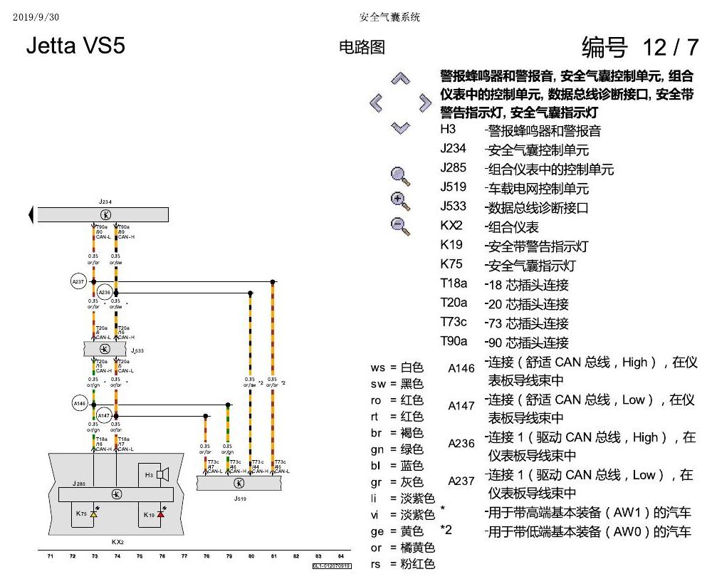 一汽大众Jetta VS5 电路图 安全气囊系统 电路图