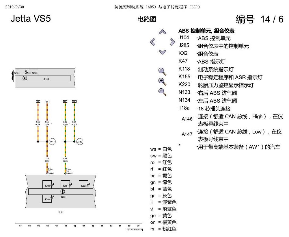 一汽大众Jetta VS5 电路图 防抱死制动系统(ABS)与电子稳定程序(ESP) 电路图