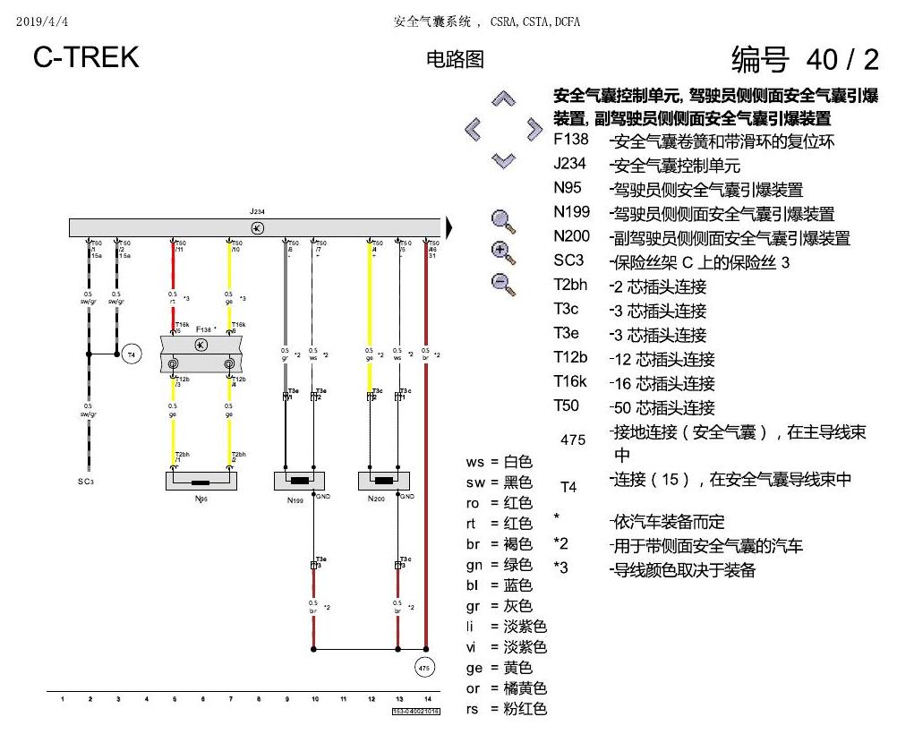 一汽大众宝来1.5 pq25 安全气囊系统 , CSRA,CSTA,DCFA 电路图