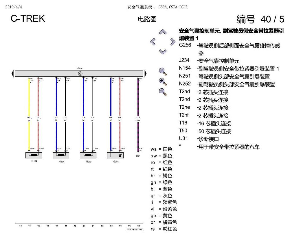 一汽大众宝来1.5 pq25 安全气囊系统 , CSRA,CSTA,DCFA 电路图