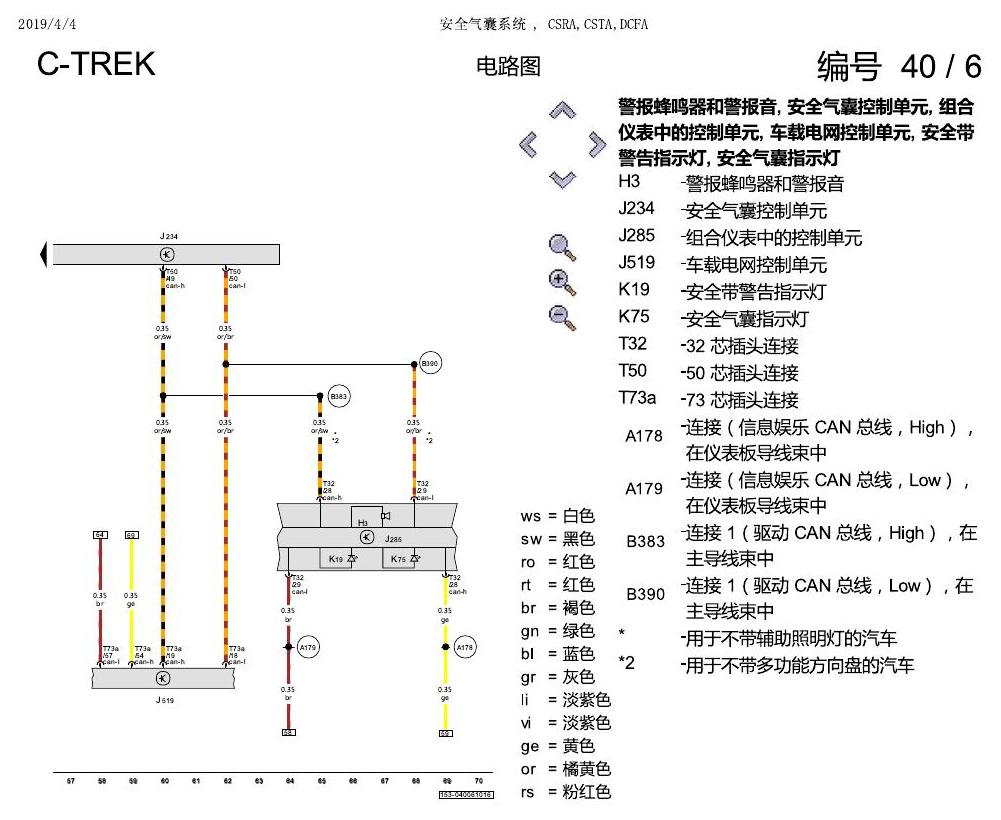 一汽大众宝来1.5 pq25 安全气囊系统 , CSRA,CSTA,DCFA 电路图