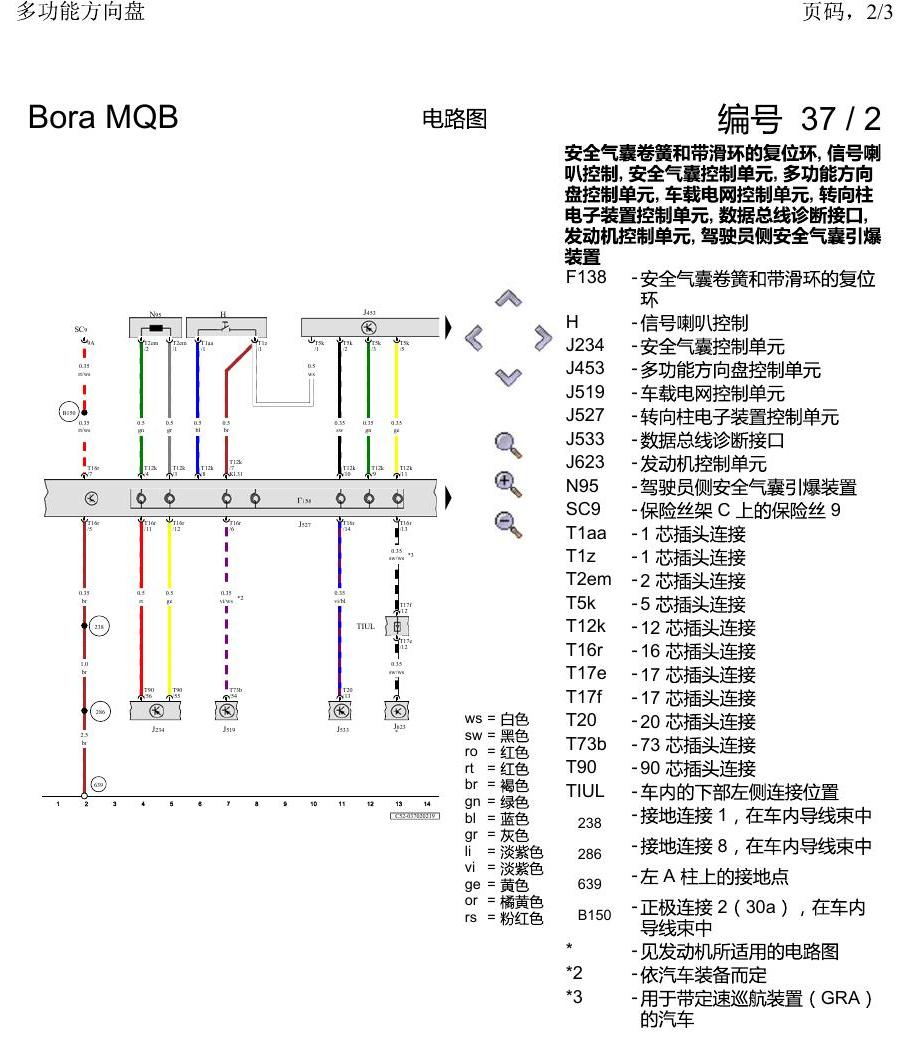一汽大众宝来MQB 1.5 多功能方向盘 2019 电路图