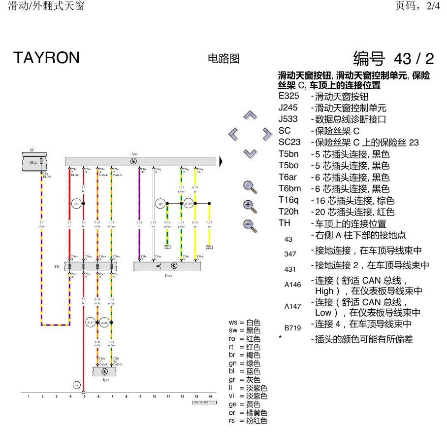 一汽大众探岳 滑动天窗 电路图