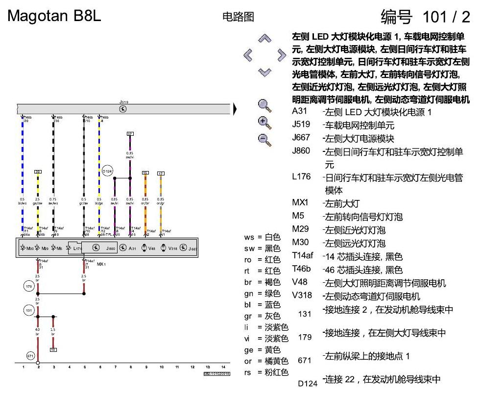 一汽大众迈腾 B8 LED 大灯 8Q5 电路图