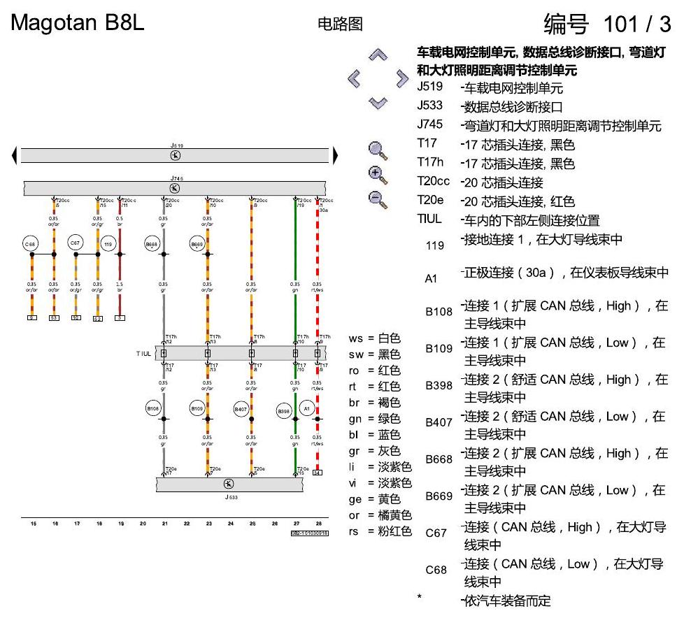 一汽大众迈腾 B8 LED 大灯 8Q5 电路图