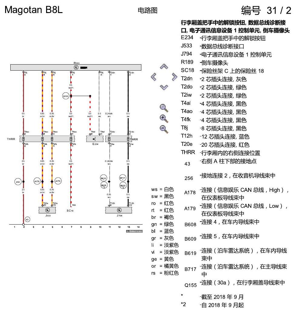 一汽大众迈腾 B8 倒车摄像头 电路图