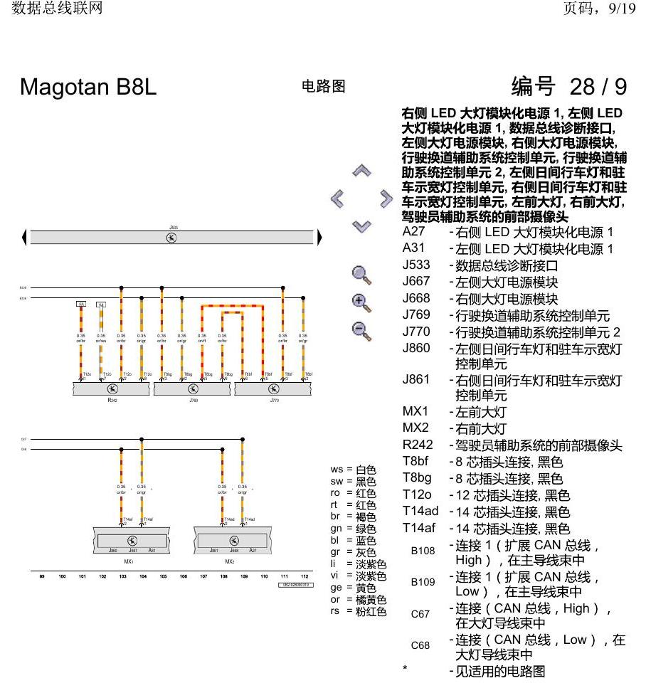 一汽大众迈腾 B8 数据总线联网 电路图