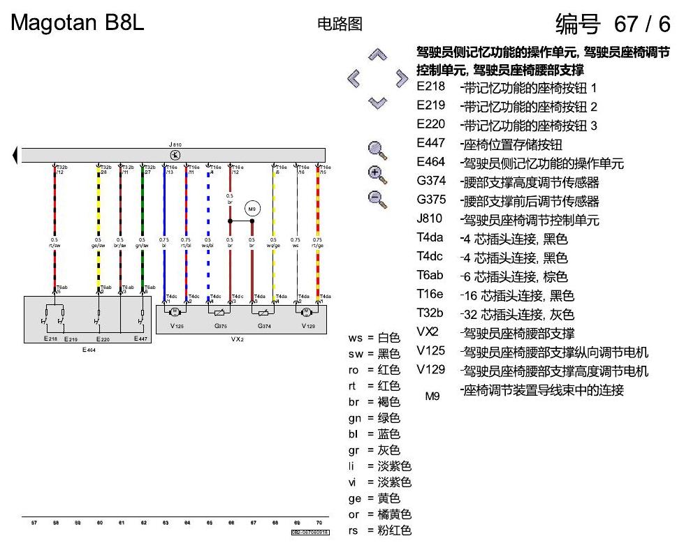 一汽大众迈腾 B8 电动座椅调节 带记忆 电路图