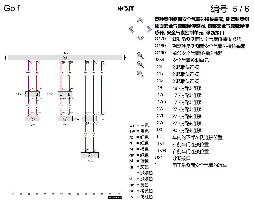 一汽大众高尔夫7 安全气囊 电路图