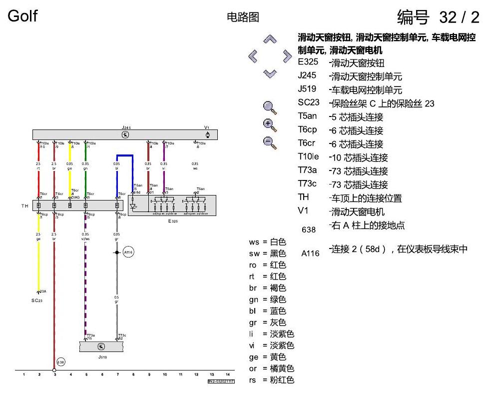 一汽大众高尔夫7 滑动天窗 电路图
